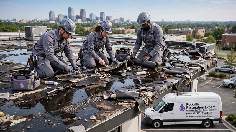 Crew inspecting a wet flat roof after a roof leak