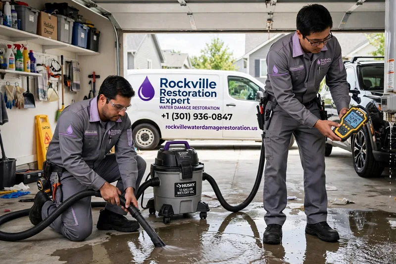 Water extraction technicians drying a flooded garage
