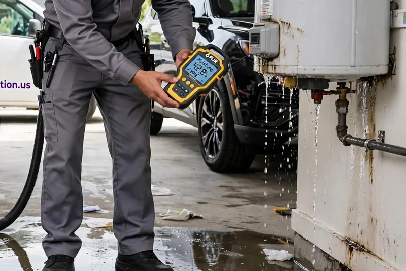 Technician checking a leaking water heater with a meter