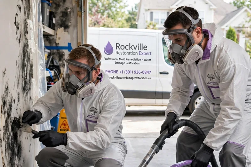 Mold remediation crew in protective suits and respirators