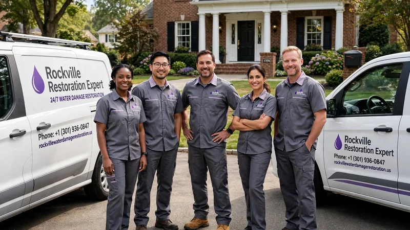 Rockville water damage services team beside company vans